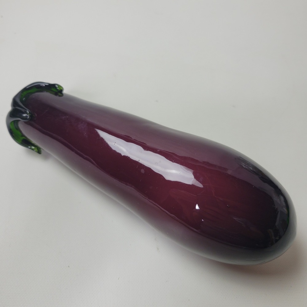 Vintage Hand Blown Art Glass Eggplant Figurine Purple Green Stem 8 inch